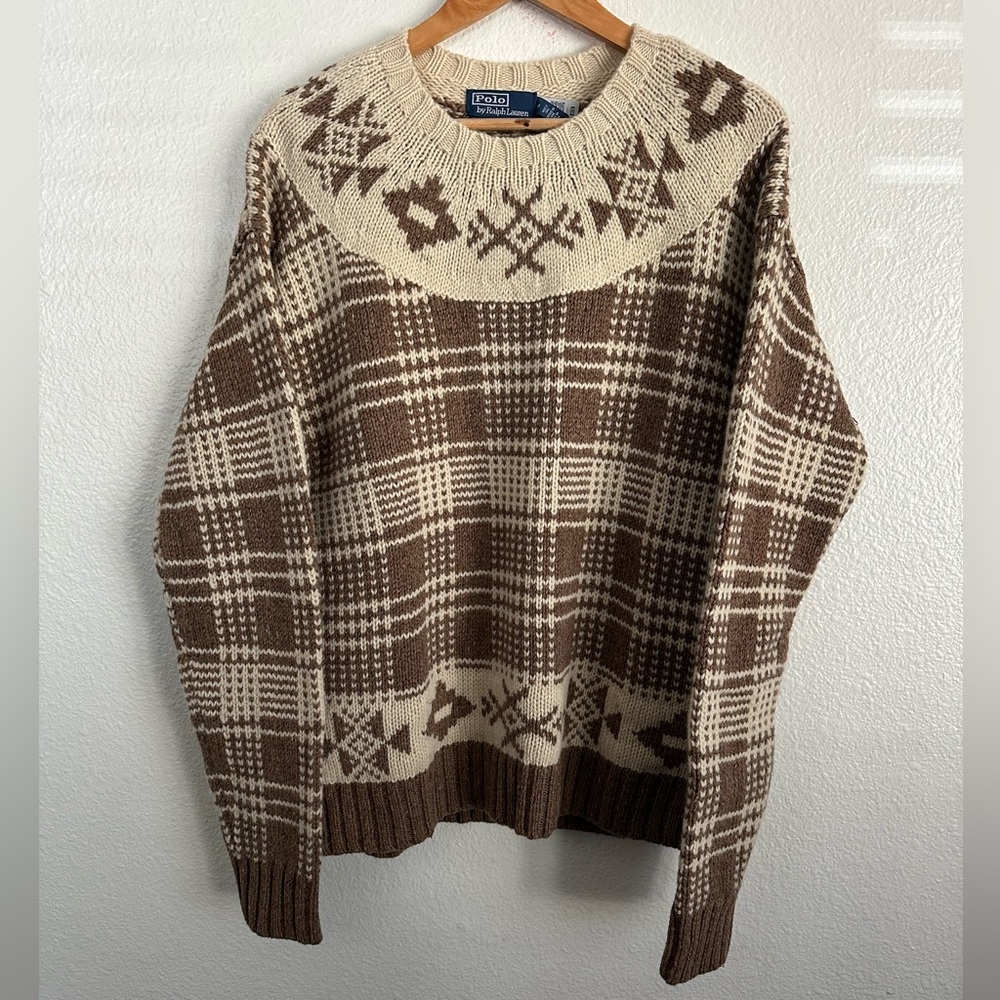 Polo Ralph Lauren Plaid Wool Linen Sweater Nordic Country Western Size Medium